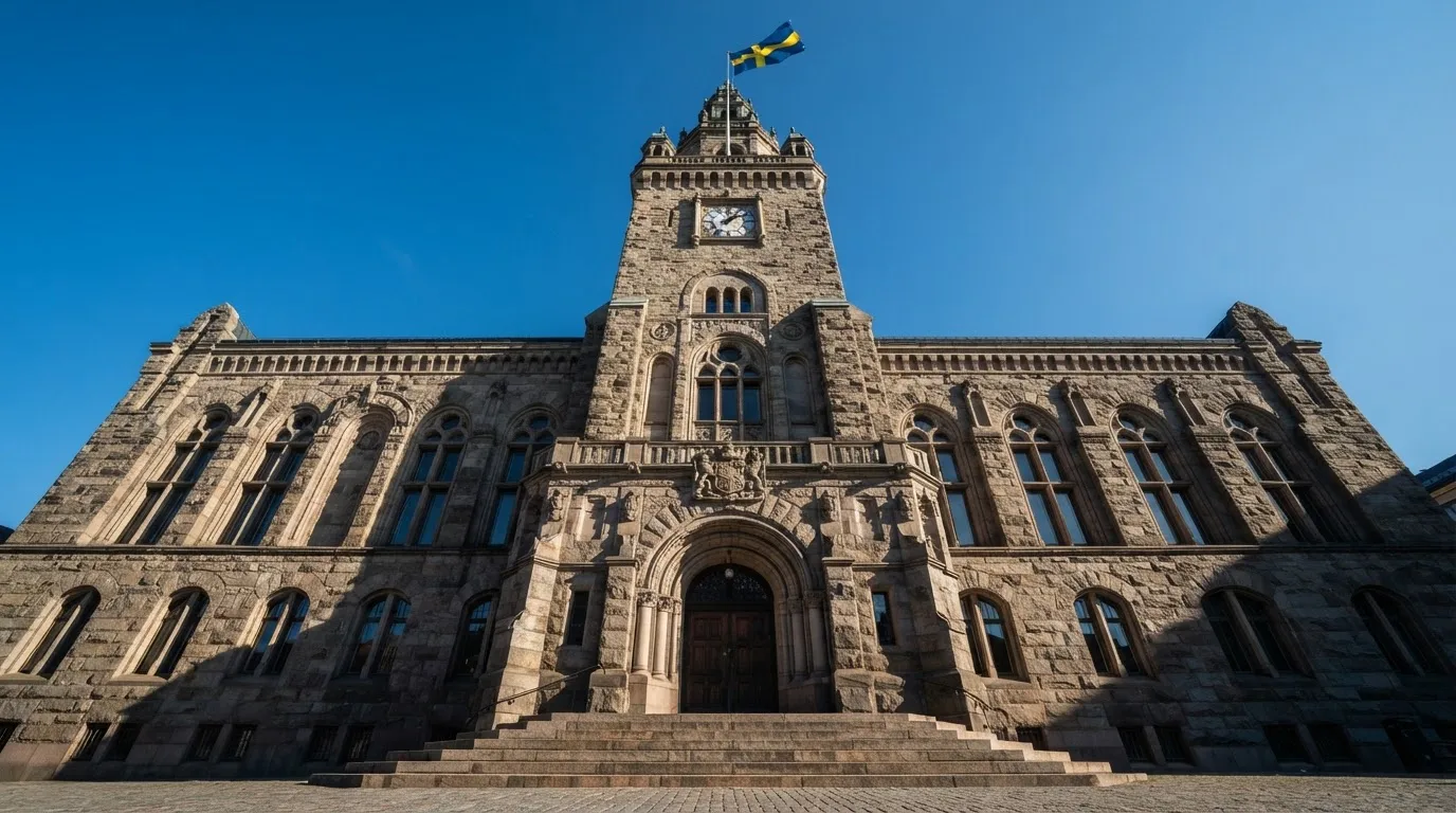 Ett gammalt stadshus i sten fotograferat underifrån mot en klarblå himmel, med den svenska flaggan som fladdrar ovanför entrén.