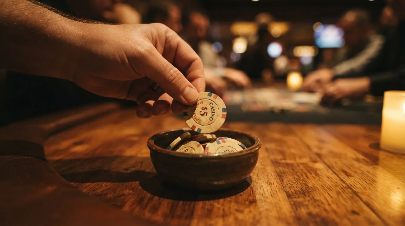 En hand lyfter en spelmark ur en skål, ljuslågan färgar bordet gyllenbrunt — svenska casinon med tether