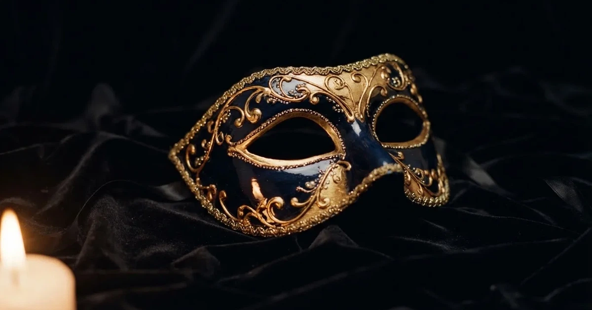 En venetiansk mask på svart sammet, ljuslågan speglas i dess blanka yta — svenska casinon med tether