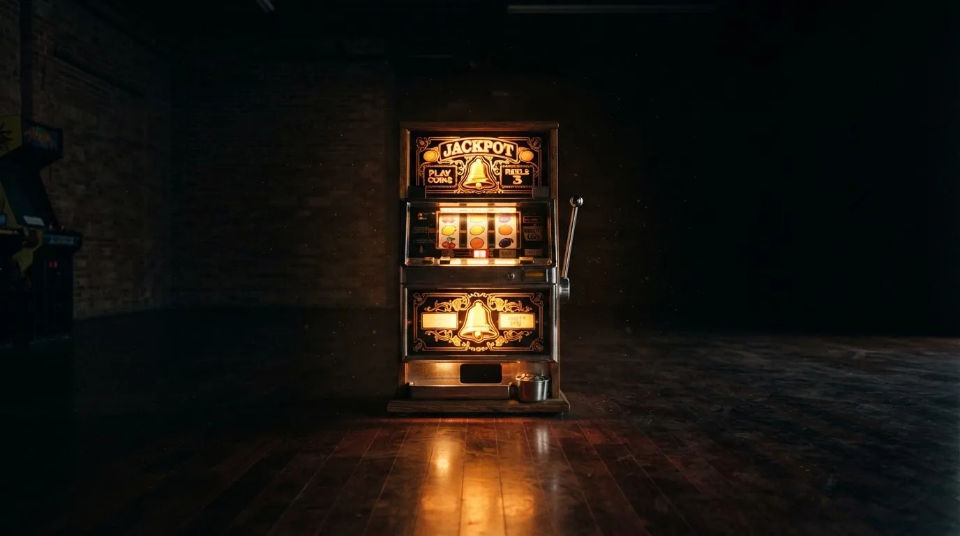 En gammal spelautomat lyser i den dunkla hallen och speglar sig i golvet — svenska casinon med tron