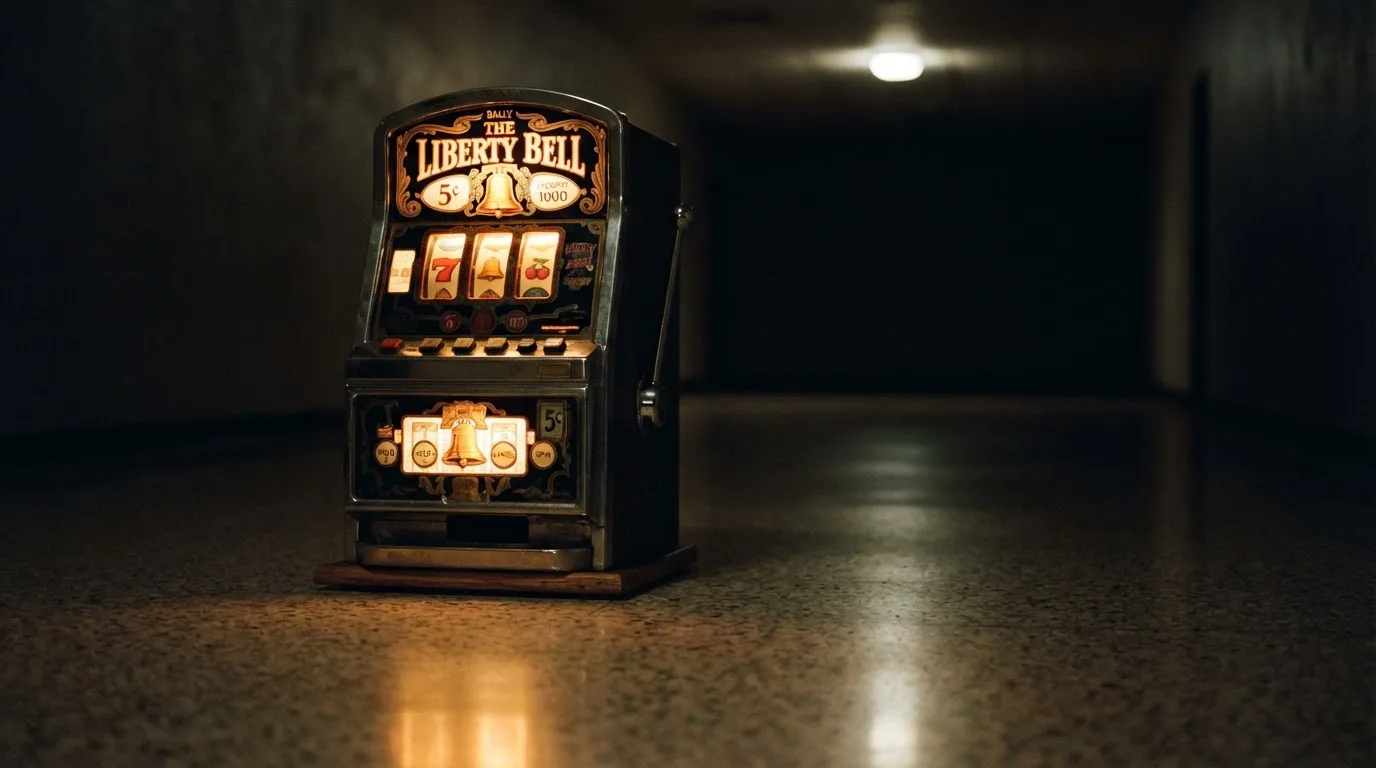 En gammal spelautomat lyser i den dunkla hallen och speglar sig i golvet — svenska casinon med visa