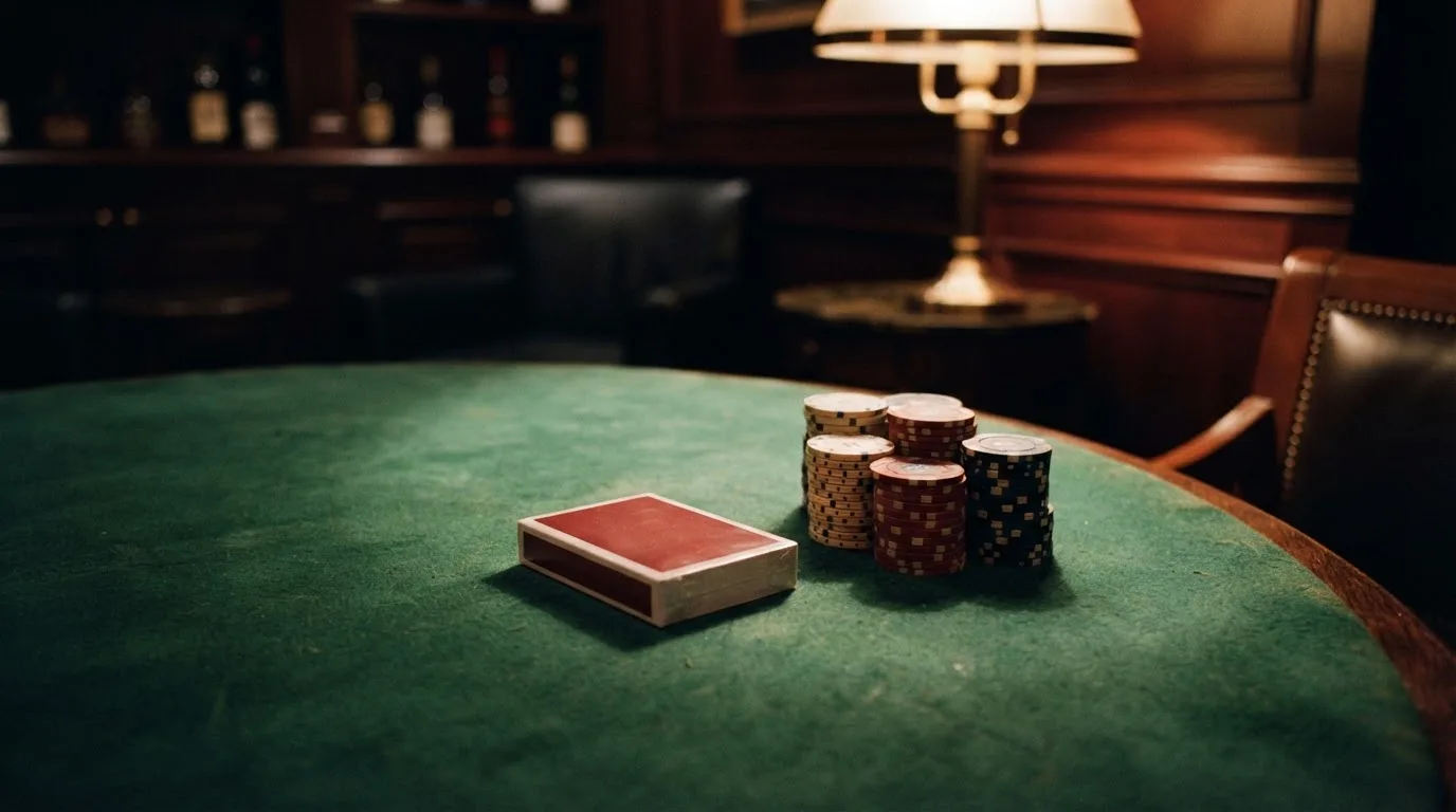 Kortlek och staplar av spelmarker på ett grönt filtbord i en dunkel salong, varmt lampsken — svenska casinon med zimpler