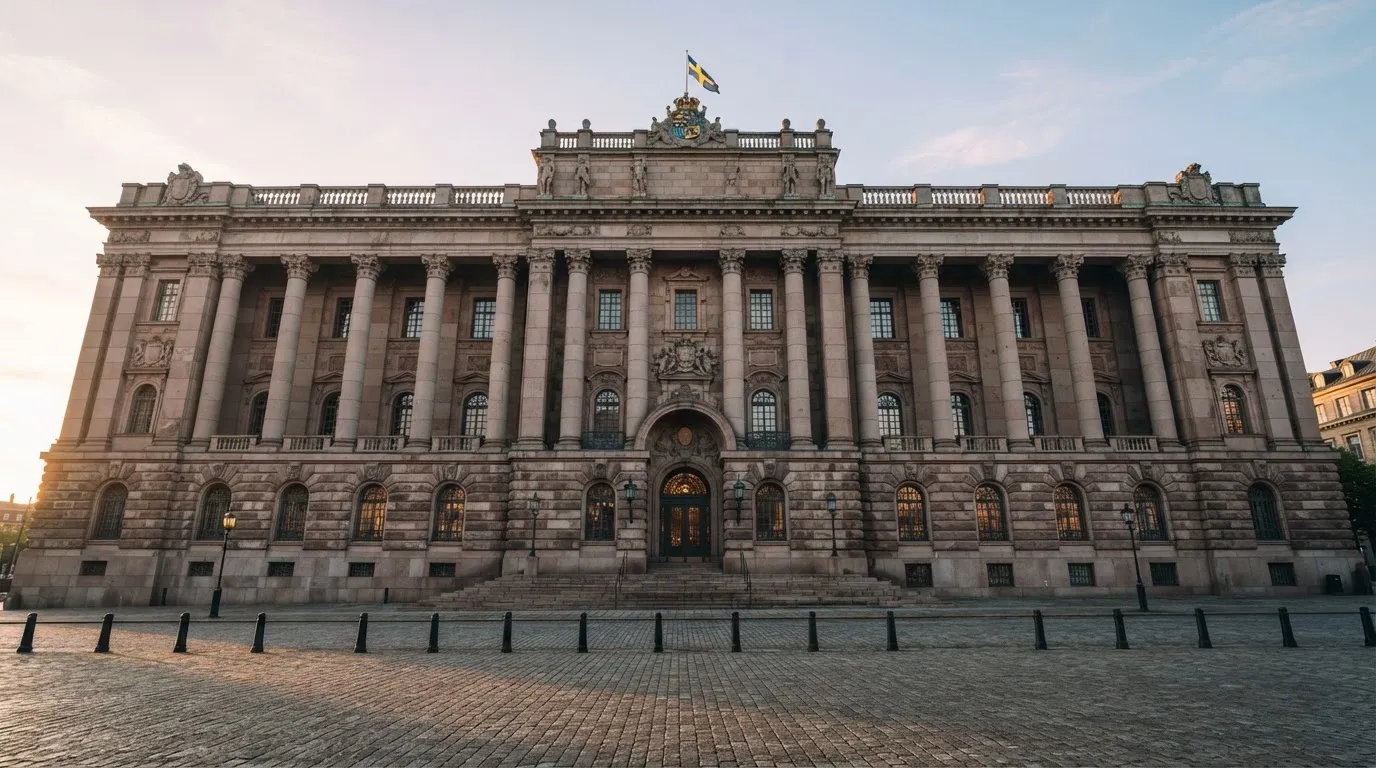 Stenfasad på en statlig byggnad i Stockholm vid gryning, höga pelare och ett tomt torg framför — svenska casinon på android