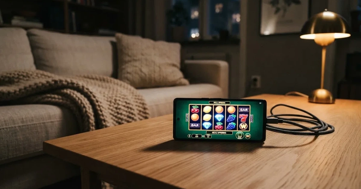 En smartphone ligger med baksidan upp på soffbordet, laddsladden ringlar och läslampan lyser mjukt — svenska casinon på ios