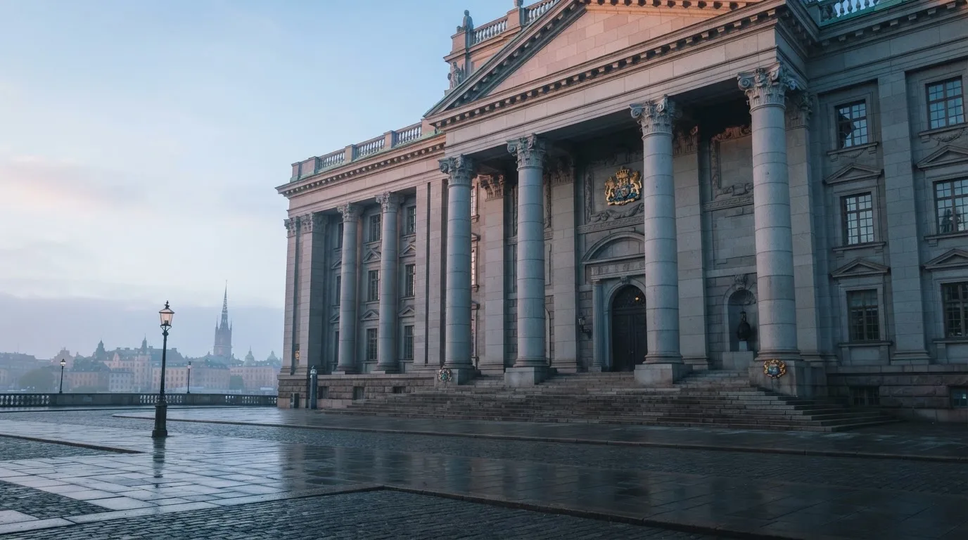 Stenfasad på en statlig byggnad i Stockholm vid gryning, höga pelare och ett tomt torg framför — svenska casinon på ios