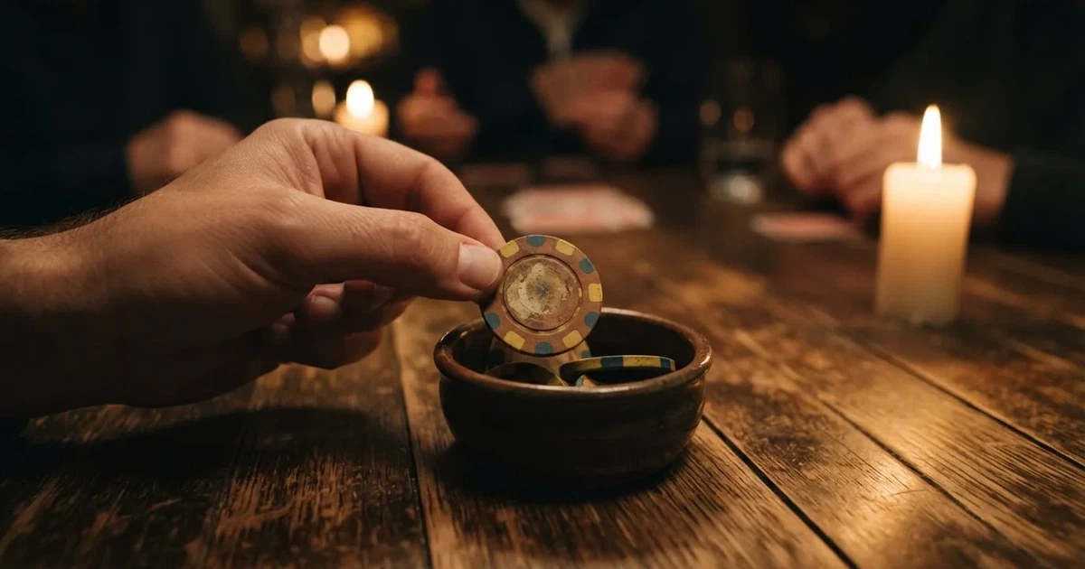 En hand lyfter en spelmark ur en skål, ljuslågan färgar bordet gyllenbrunt — svenska casinon på nätet