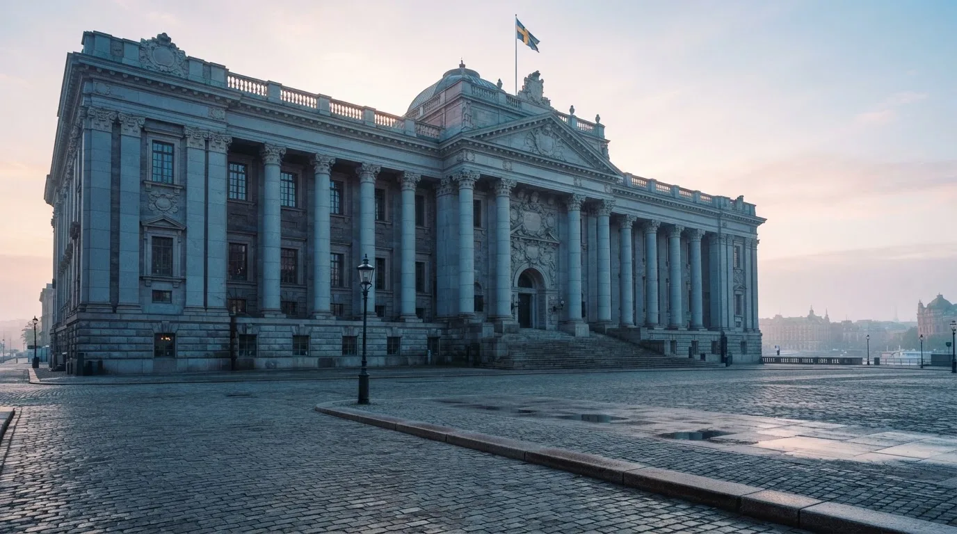 Stenfasad på en statlig byggnad i Stockholm vid gryning, höga pelare och ett tomt torg framför — svenska casinon på nätet