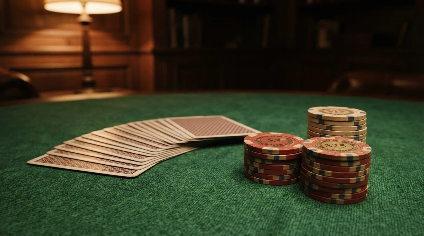Kortlek och staplar av spelmarker på ett grönt filtbord i en dunkel salong, varmt lampsken — svenska casinon utan konto