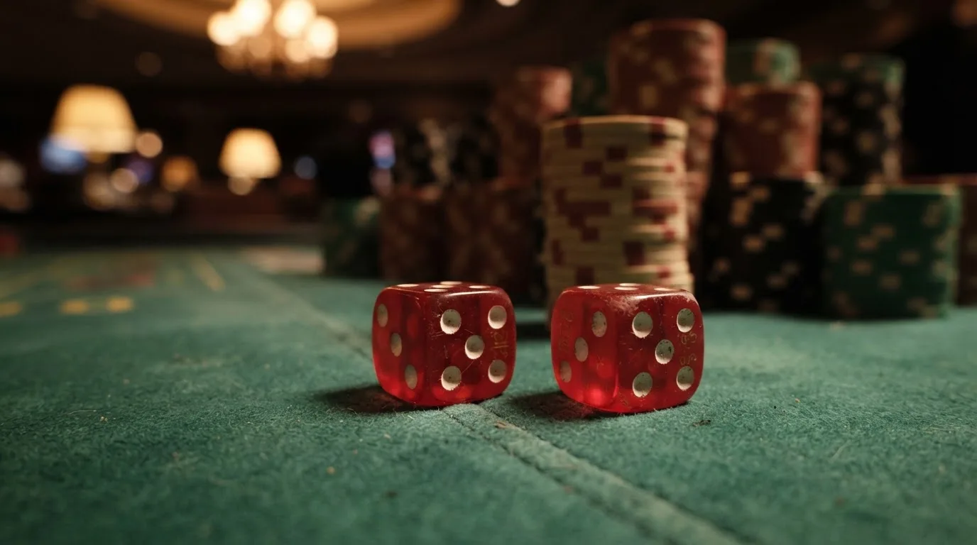 Röda tärningar vilar på grönt filt, bakom dem suddiga torn av spelmarker i kvällsdunklet — svenska casinon utan spelpaus