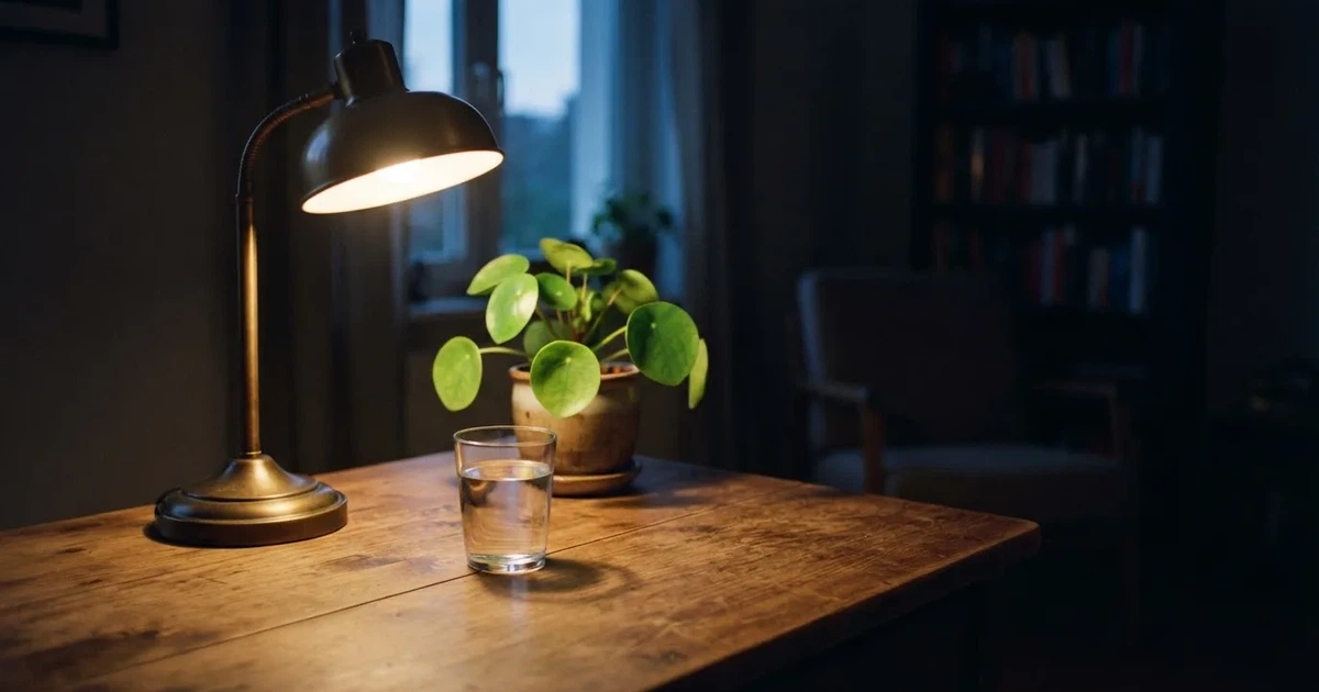 En skrivbordslampa lyser upp ett vattenglas och en kruka, rummet bakom mörknar sakta — svenska casinon utan spelpaus