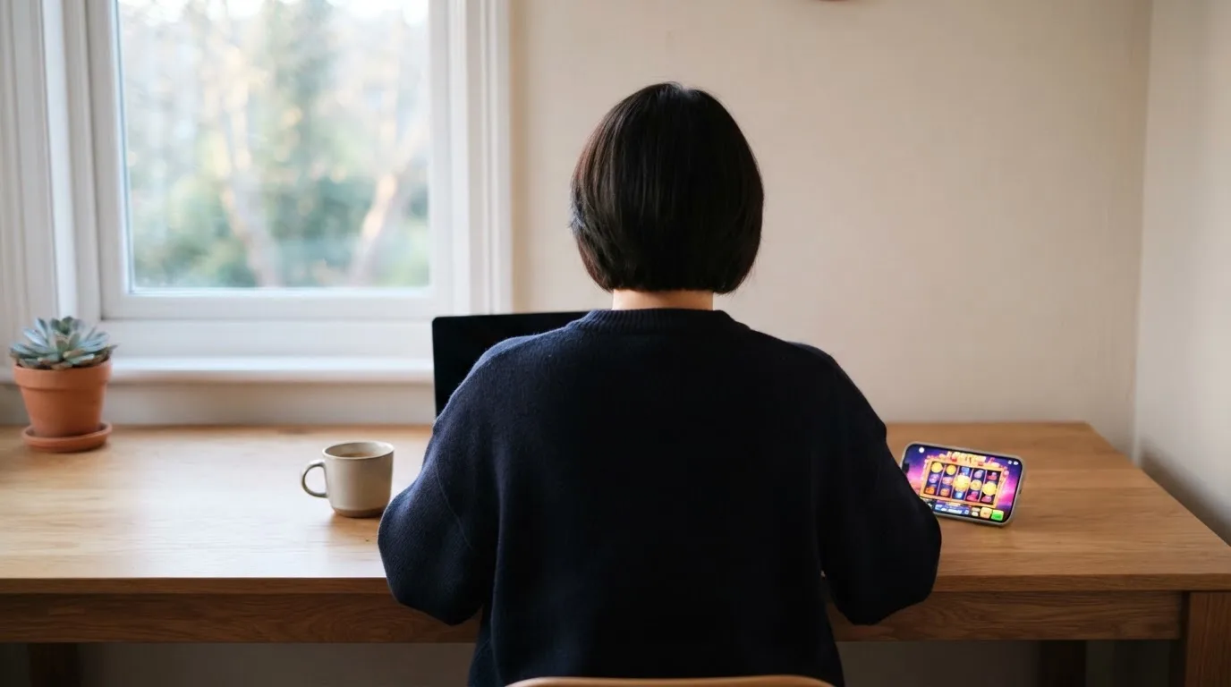 En person sitter vid ett skrivbord hemma med en kopp kaffe och en bärbar dator stängd bredvid sig i morgonljus.