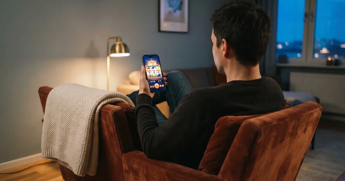 En hand håller en smartphone med skärmen vänd nedåt medan personen sitter avslappnat i en fåtölj i mjukt ljus.