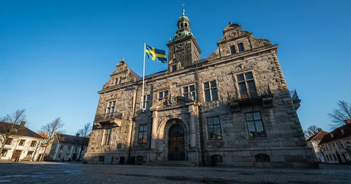 Ett gammalt stadshus i sten fotograferat underifrån mot en klarblå himmel, med den svenska flaggan som fladdrar ovanför entrén.