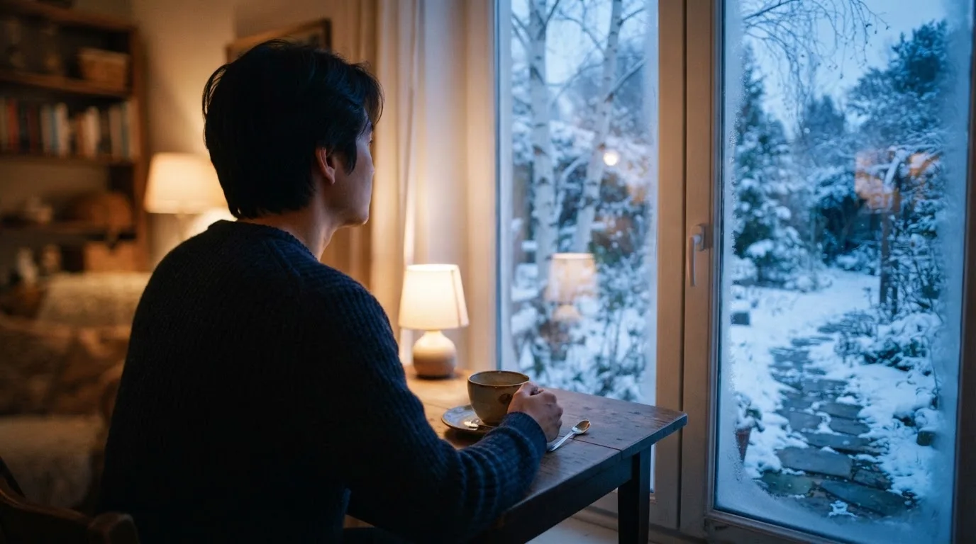 En person sitter ensam vid ett fönster i skymningen och håller en tekopp, med en rofylld vinterträdgård synlig utanför glaset.