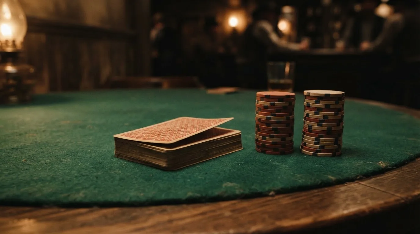 Kortlek och staplar av spelmarker på ett grönt filtbord i en dunkel salong, varmt lampsken — utländska casinon i sverige