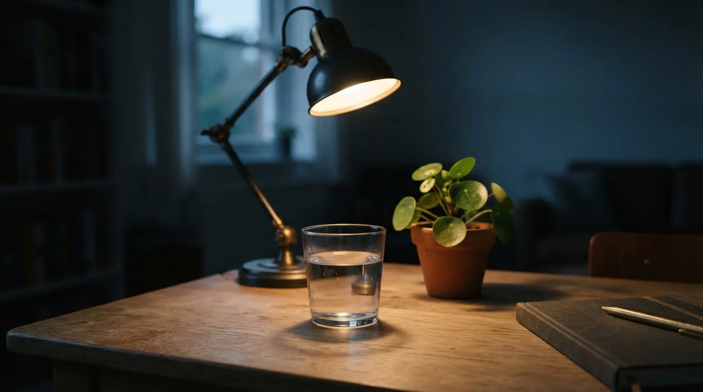 En skrivbordslampa lyser upp ett vattenglas och en kruka, rummet bakom mörknar sakta — utländska casinon i sverige