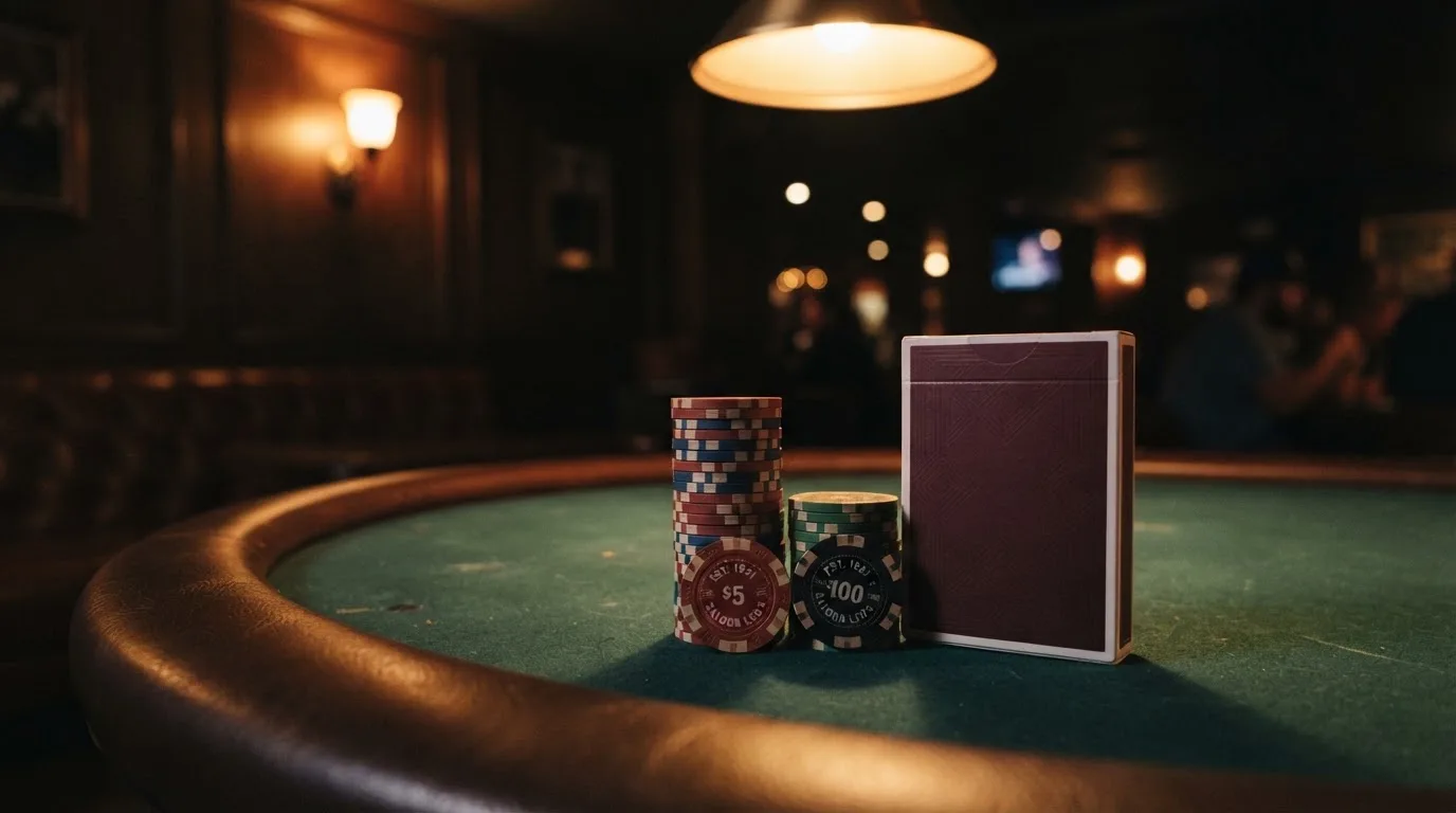 Kortlek och staplar av spelmarker på ett grönt filtbord i en dunkel salong, varmt lampsken — vinna på svenska casino